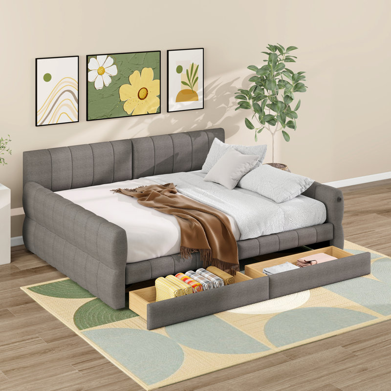 Queen Size Upholstered Platform Daybed With Two Storage Drawers, Lambswool Upholstered Bed Frame With USB, No Box Spring Needed