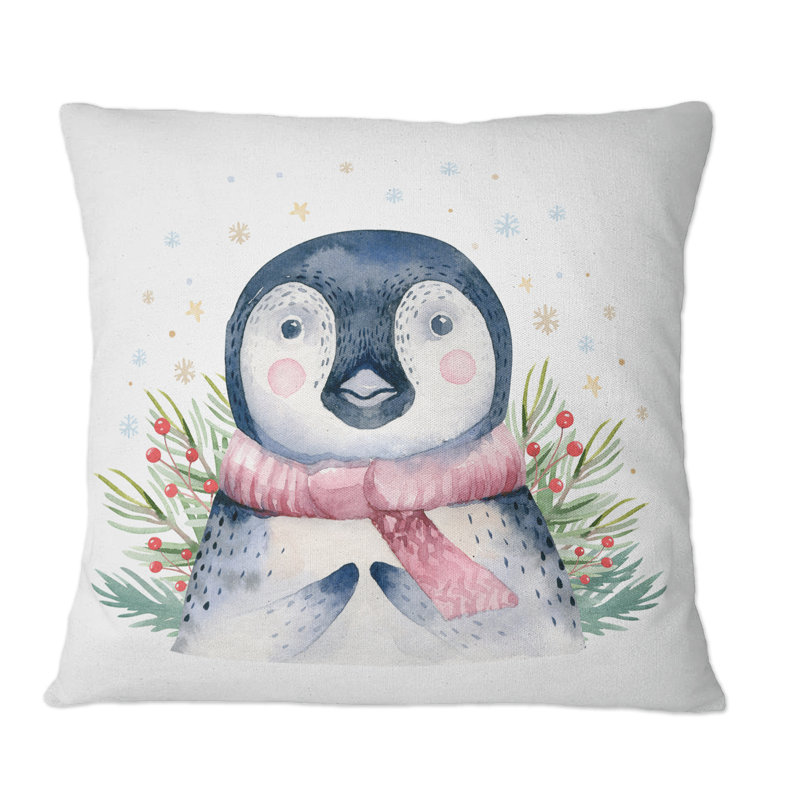 Portrait Of A Baby Penguin With Pink Scarf - Children''s Art Printed Throw Pillow, 16" x 16"