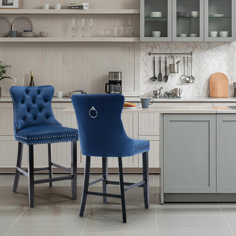 Modern Velvet Upholstered Bar Stools, Blue