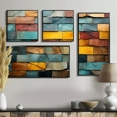 Boho Earth Element Stones Mosaic II - Bohème vert et décoration murale éclectique 4 pièces