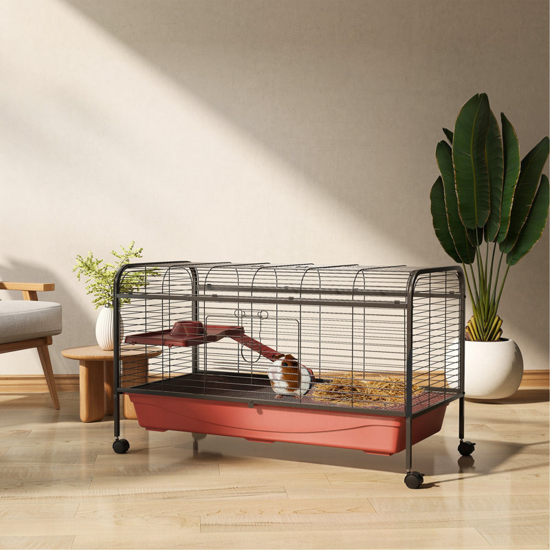 Cage pour petits animaux 48 po, cage à lapins ou furet avec mangeoire, roulettes, plateforme, rampe