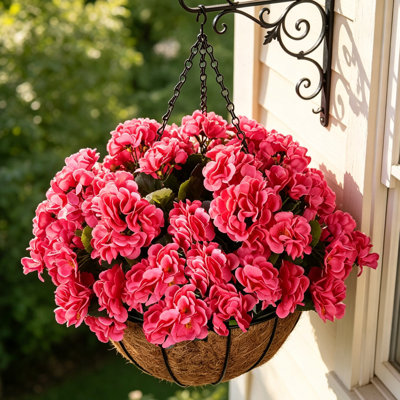 Artificial Rose Geranium Hanging Basket – 8Pcs Lifelike Silk Flowers with Foliage, Weatherproof Outdoor Planter for Porch, Patio, Garden & Christmas Decor, No-Water Maintenance