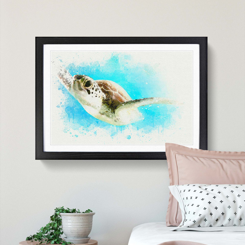 Green Turtle in Abstract - Framed Print, 48cm H x 65cm W x 2cm D, Black Framed