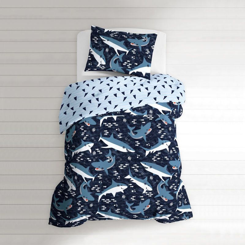 Navy Blue Cotton Twin Kids Shark Bed Set