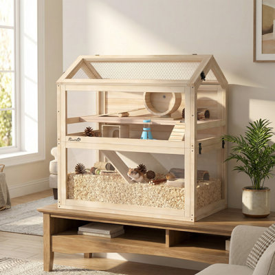 Cage à hamster en bois, cage à 3 niveaux pour petits animaux avec cabane, balançoire, rampes, roue d'exercice, panneau en acrylique et plateau inférieur