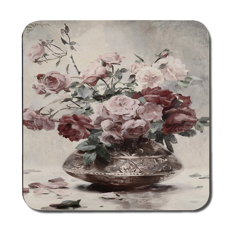 Limited Edition Vintage Rose Floral Placemat And Coaster Set In Fine Art Print Collection With Wood Backing
