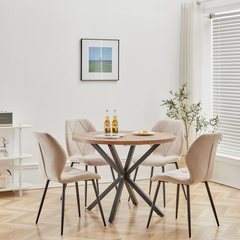 Modern Simple Round Solid Wood Dining Table Set - Set Of 4 Diamond Pattern Velvet Dining Chairs - Metal Legs - For Living Room/Bedroom