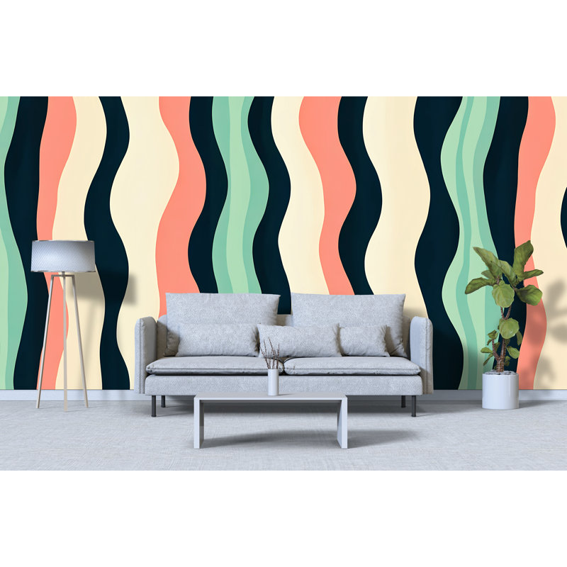 Papier peint rétro à rayures ondulées - Mid Century Modern, 100 po x 145 po, Peler et coller