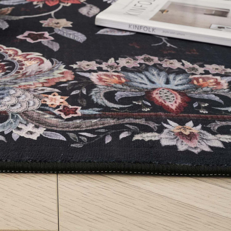 2'X3' Entryway Rug - Door Mat Indoor Entrance, Floral Vintage, Machine Washable, Non-Slip Low Pile Area Rug For Kitchen, Front Door, Kids Room - Black
