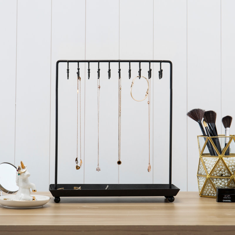 Black Metal 14-Inch Jewelry Organizer Stand with Hooks and Tray