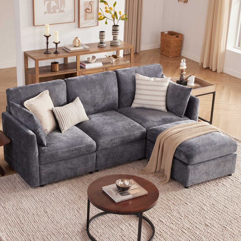 Canapé modulaire réversible avec repose-pieds 4 pièces Sarang, Gris chenille