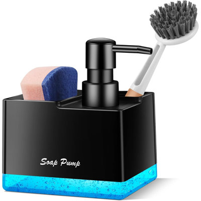 Distributeur de liquide vaisselle avec porte-éponge, petit distributeur de savon pour les mains avec porte-éponge et porte-brosse, organisateur de comptoir 3 en 1 pour évier de cuisine et salle de bain