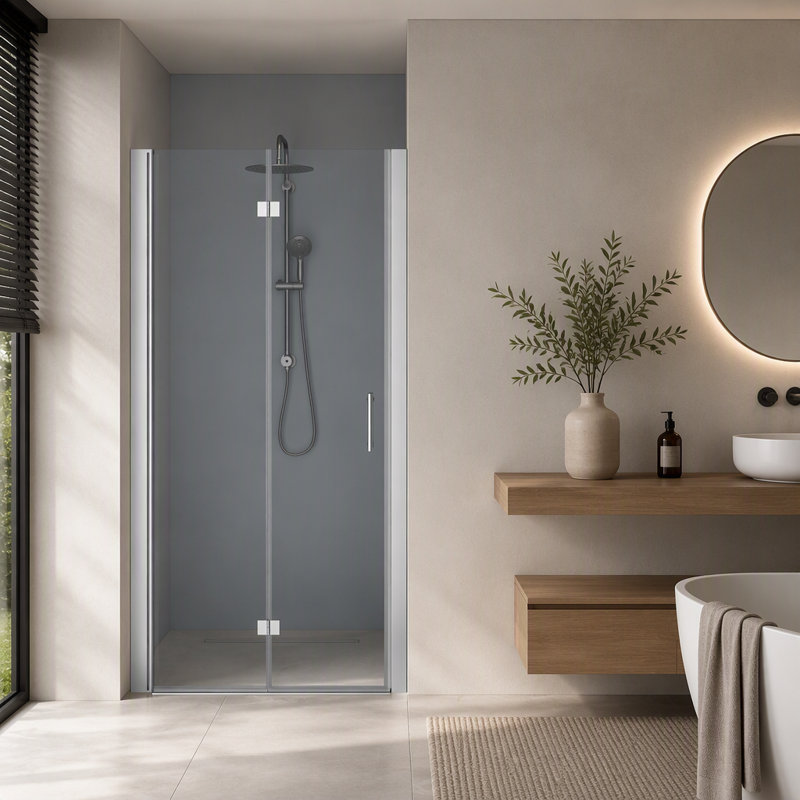 Porte de douche pliante sans cadre de 76 cm (L) x 183 cm (H) en verre trempé de 6 mm d'épaisseur, fini argent brossé