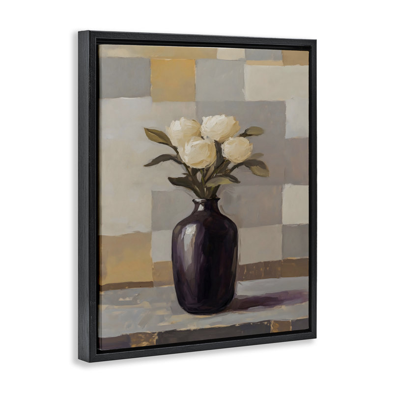 Cadre de luxe avec roses blanches dans un vase, design par Franklyn Gregory, Cadre flottant noir de jais, H 21 po x l 17 po