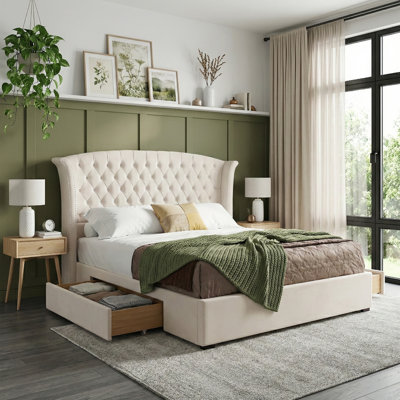 57.48" High Bed Frame with 2 Storage Drawers, Upholstered Velvet Headboard Platform Bed, Wingback Headboard, Button Tufted Bed, Metal Frame & Sprung Slats Support, No Box Spring Needed, Easy Assembly