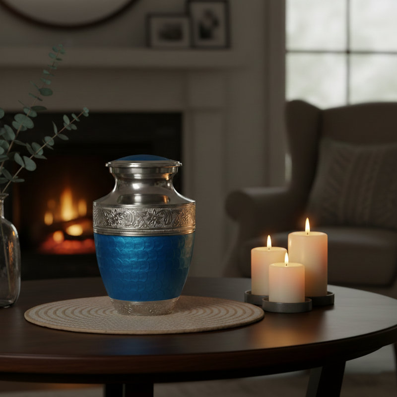 Engraved Memorial Urn With Textured, Blue
