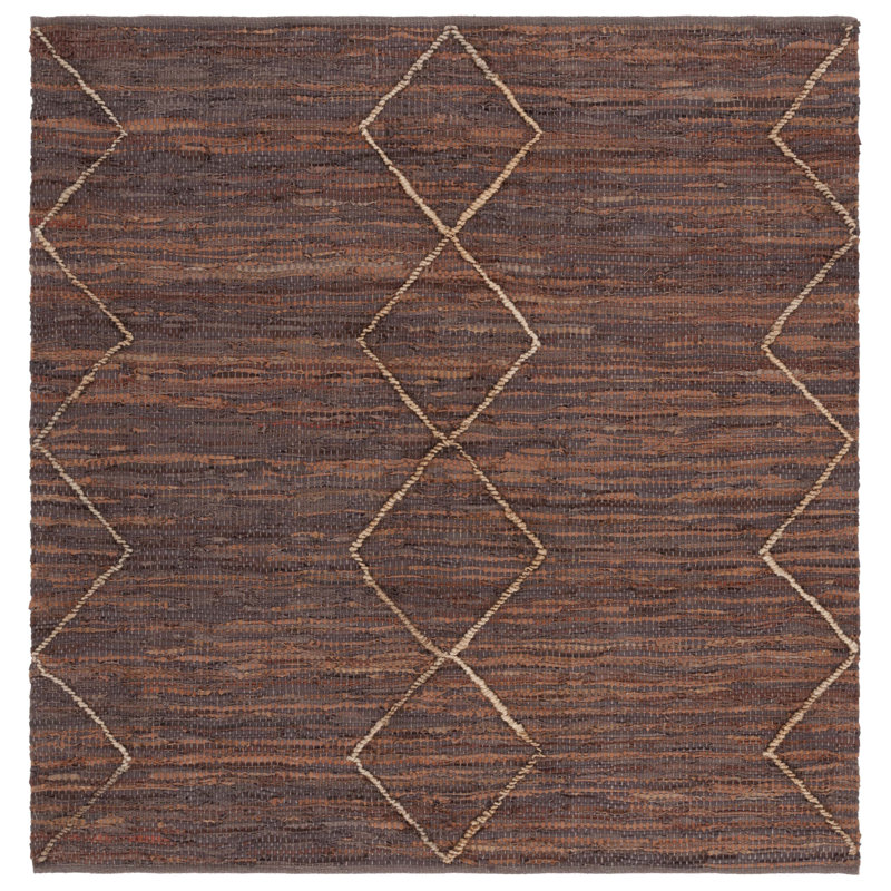 Brown and Natural 6' x 6' Square Leather Geometric Rug