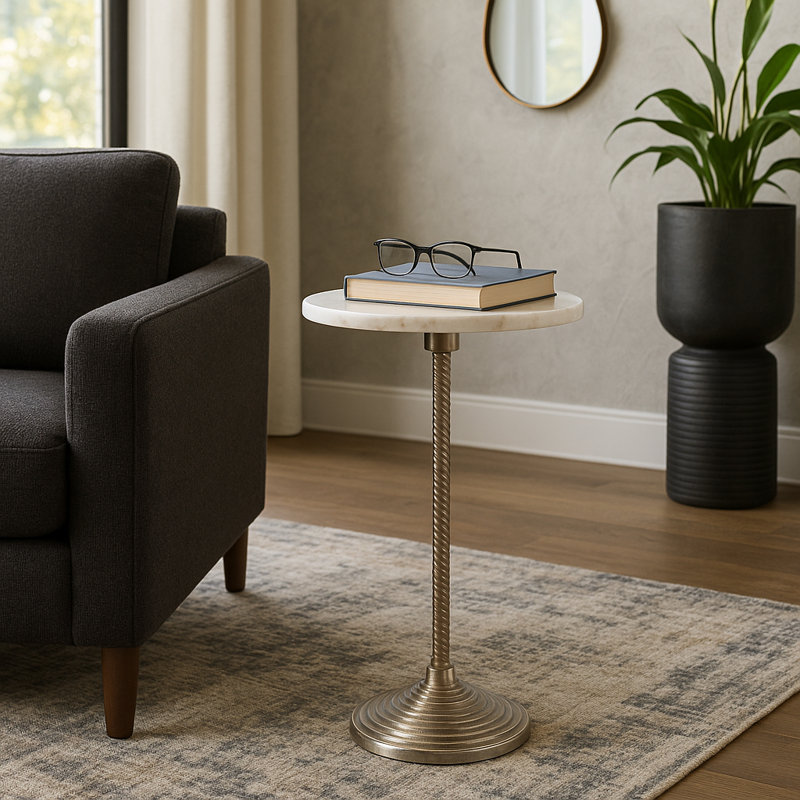 Jackins Decorative Marble Drink Accent Table With Pedestal Metal Base - Contemporary Narrow Round Side Table Or Living Room End Tables - 26"