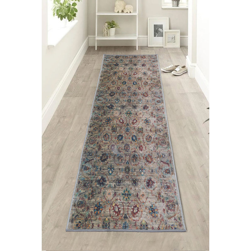Antibacterial Runner Rug Anti Slip Wool Soft Touch Vintage Floral Distressed Kenley Design for Hallway Stairway Entryway Indoor Washable Carpet