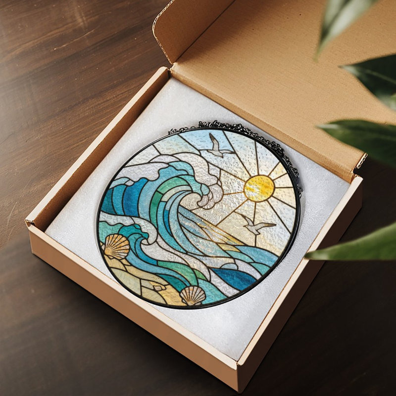 Vitrail Ocean Wave Sun Seagulls Shells, 6,3 x 6,3 po (16 x 16 cm)