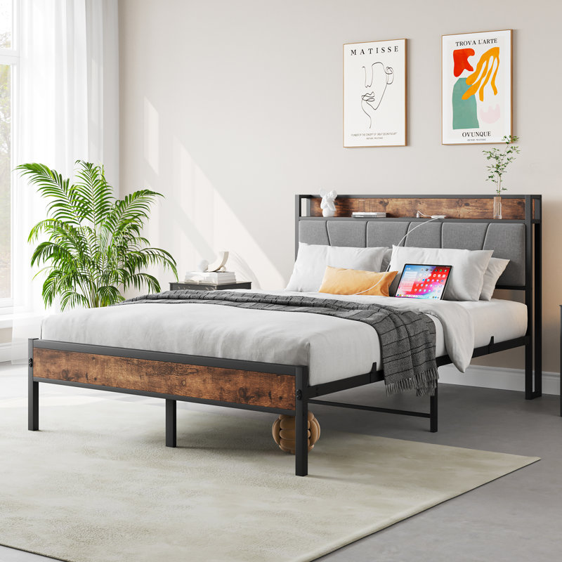 Size Bed Frame, Storage Headboard With Charging Station, Solid And Stable, Noise Free, No Box Spring Needed, Easy Assembly