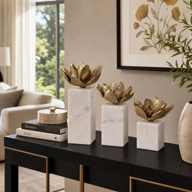 3-Pieces Kriss Flower Statuary With Marb, Gold/White