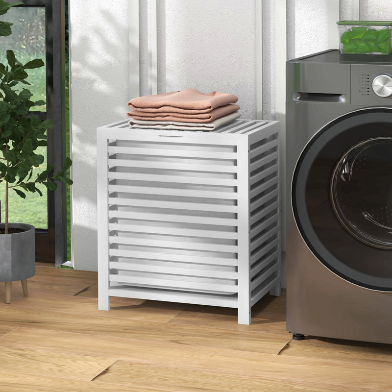 Bamboo Laundry Hamper With Lid, Laundry Basket With Removable Liner Bag, Dirty Clothes Hamper, 19.75 X 14.25 X 23.5 Inches, White