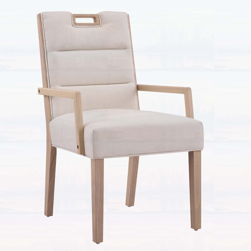 Elegant Upholstered Dining Chairs with Armrests, Beige Fabric and Natural Rubber Wood Frame, Set of 2 for Comfort and Style