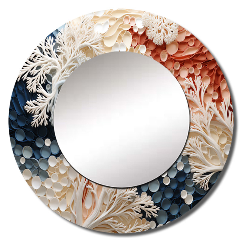 Rinako rose et blanc Coastal Coral Collage II - miroir mural décoratif corail, miroir rond côtier, impression d'art en métal