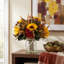 Sunflower, Hydrangea and Pomegranate Fall Arrangement in a Glass Vase