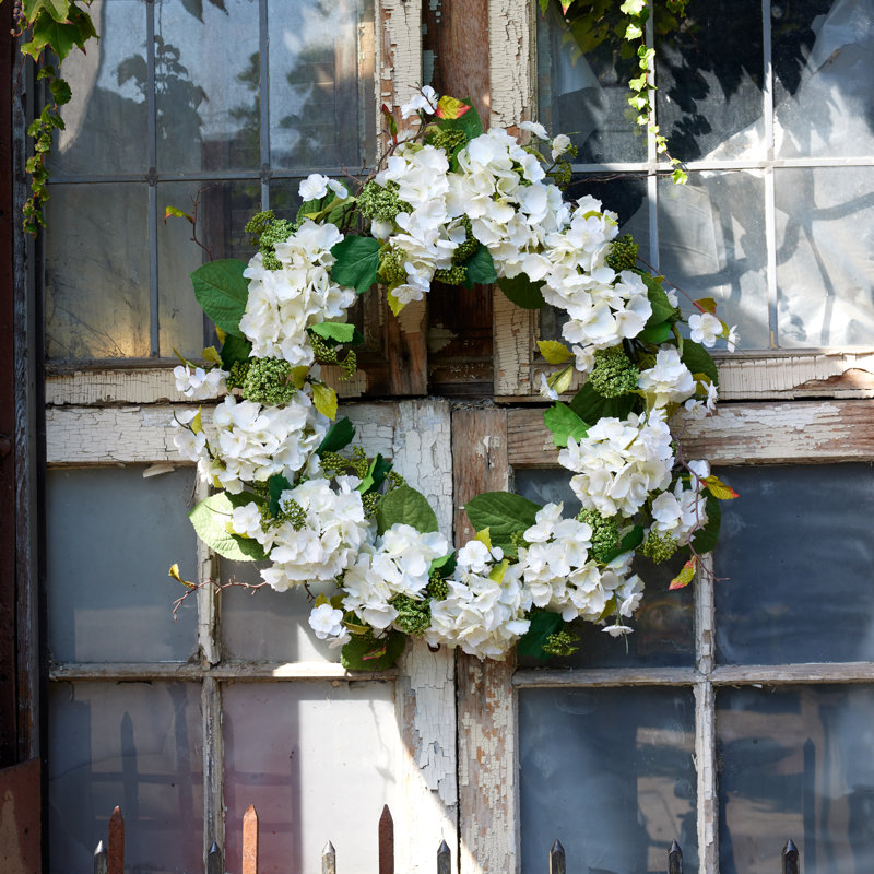 Hydrangea and Seedum Floral Wreath, 22'' W X 22'' H X 7.45'' D, White, Green