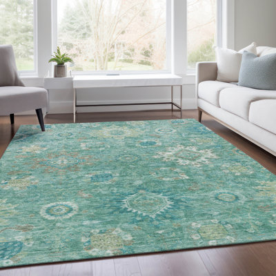 Machine Washable Indoor/Outdoor Xhevrie Teal Rug