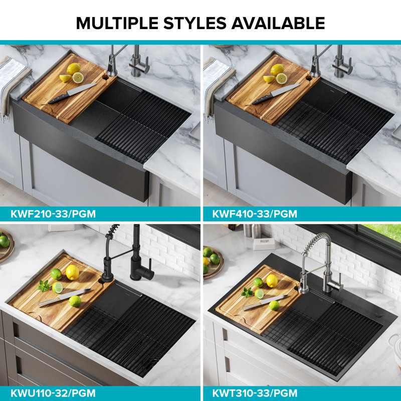 Évier de cuisine KRAUS Kore ™ Workstation Farmhouse, Acier inoxydable noir, L 33 po x l 20,25 po x H 10,5 po