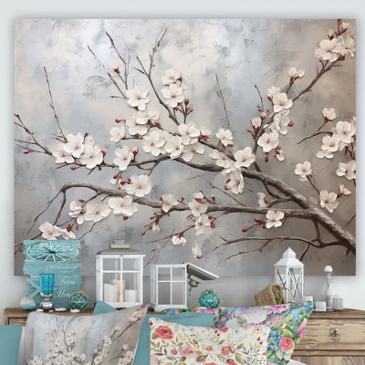 Fleur de cerisier minimaliste gris et beige I - art mural Cherry Blossom