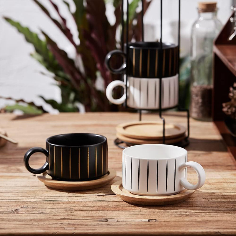 Porcelain Espresso Cup With Saucer And Metal Stand, 6 Ounce Stackable Ceramic Demitasse Espresso Mugs Cappuccino Cups Set For Latte,Coffee,Cafe Mocha,Tea(Set Of 4)