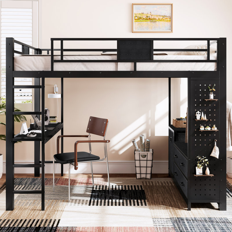 Lit mezzanine avec bureau, tablettes et solutions de rangement, conception peu encombrante pour les dortoirs et les chambres à coucher