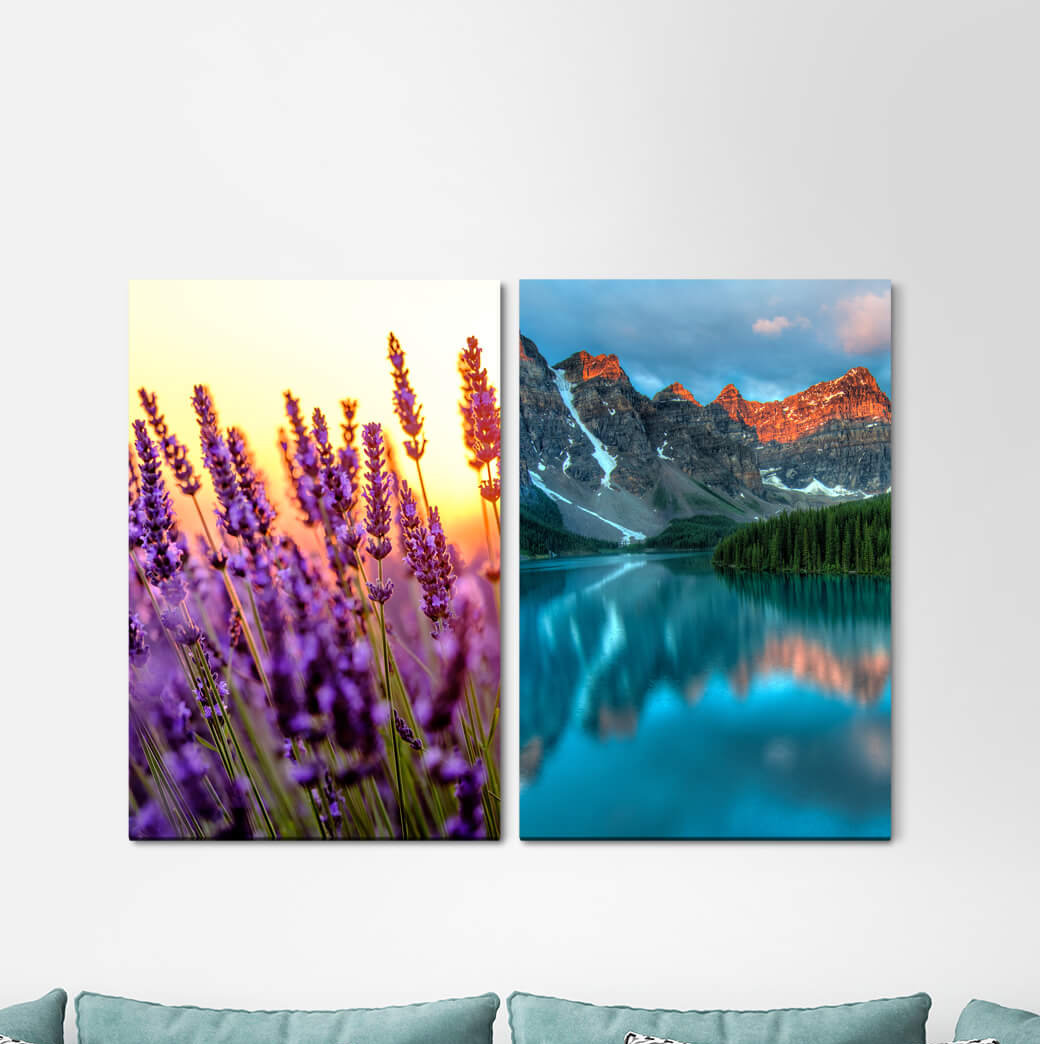 2-tlg. Leinwandbilder-Set Mountains Lake Lavender Field Evenings Summer Winter