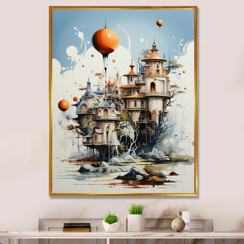 Madaih surréalisme ville rêve vol imaginaire I, H 20 po x l 12 po x P 1 po, Cadre flottant doré