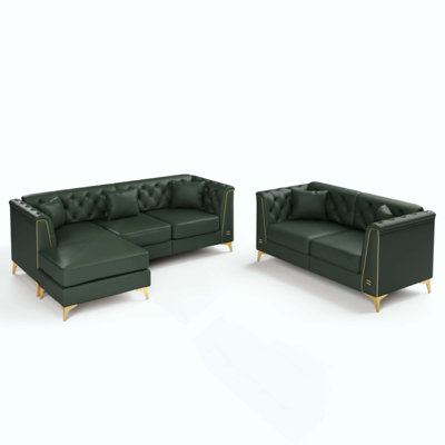 Canapé Chesterfield modulaire léger de luxe, canapé en similicuir avec capitonnage à boutons fait à la main, accoudoirs à garniture en métal et pieds en métal minces, comprend 5 coussins pour le salon, l’appartement