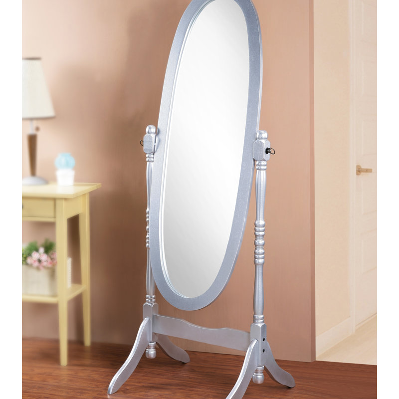 Traditional Queen Anna Style Wood Floor Cheval Mirror, Silver Finish