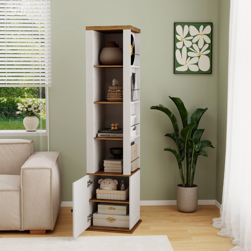 Armoire de rangement rotative à 360 ° avec miroir pleine longueur, 8 tablettes ouvertes, crochets et compartiment fermé pour une utilisation polyvalente à la maison