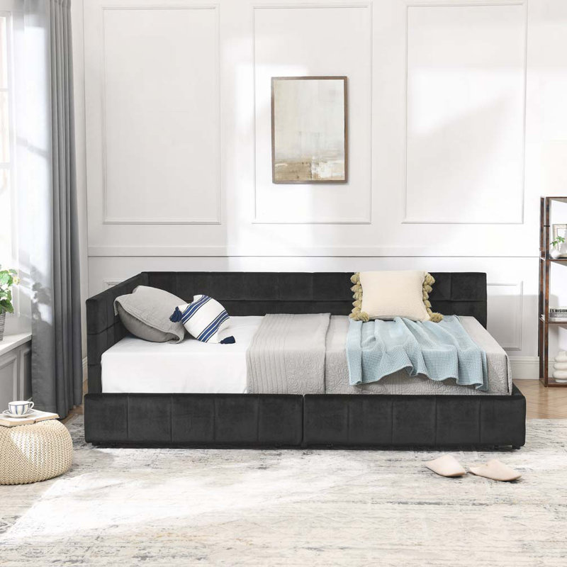 Lit de jour en velours avec rangement, Complet/Double, Noir