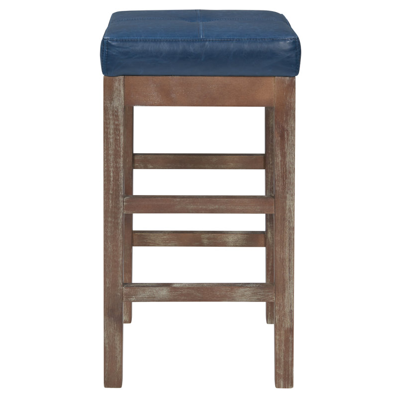 Kimberling Upholstered Faux Leather Counter Stool with Solid Wood Frame, Drift Wood, Vintage Blue