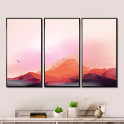 «Red Geometric Mountain and Sunset», ensemble d'art mural sur toile encadré moderne