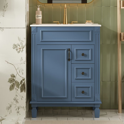 Meuble-lavabo de salle de bain avec lavabo en céramique, petite armoire de salle de bain, armoire moderne avec 2 tiroirs et tablette réglable