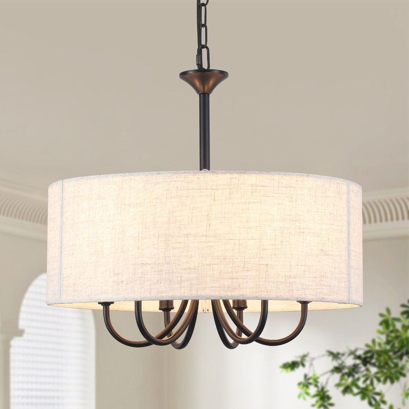 6 - Light 17.95'' Dimmable Modern Farmhouse Drum Candle Chandelier With Linen Shade For Kitchen Island Bedroom, Matte Black