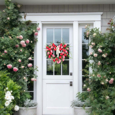 Valentine's Day Tulip Wreath for Front Door, 15.7in Heart Tulip Wreath with Bow, Spring Valentines Day Heart Wreath, Handmade Wall Decorations, Mother's Day Valentine's Day Anniversary Gifts, Spring Summer Decorations