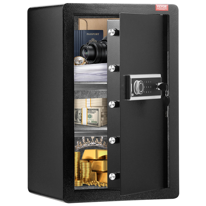 Coffre-fort à une porte de 99 litres (3,5 pi³) avec serrure à clé et code, 2 tablettes pour argent, sac ignifugé, porte-clés, éclairage DEL, pour documents, bijoux et objets de valeur, noir.