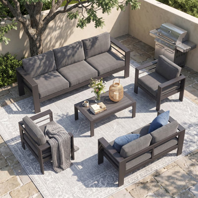 All-Aluminum Patio Furniture Sets for All Weather, 7-Person Outdoor Furniture Set with Soft Cushion, 5-Piece Outdoor Conversation Sets with 3.2" Widened Armrest