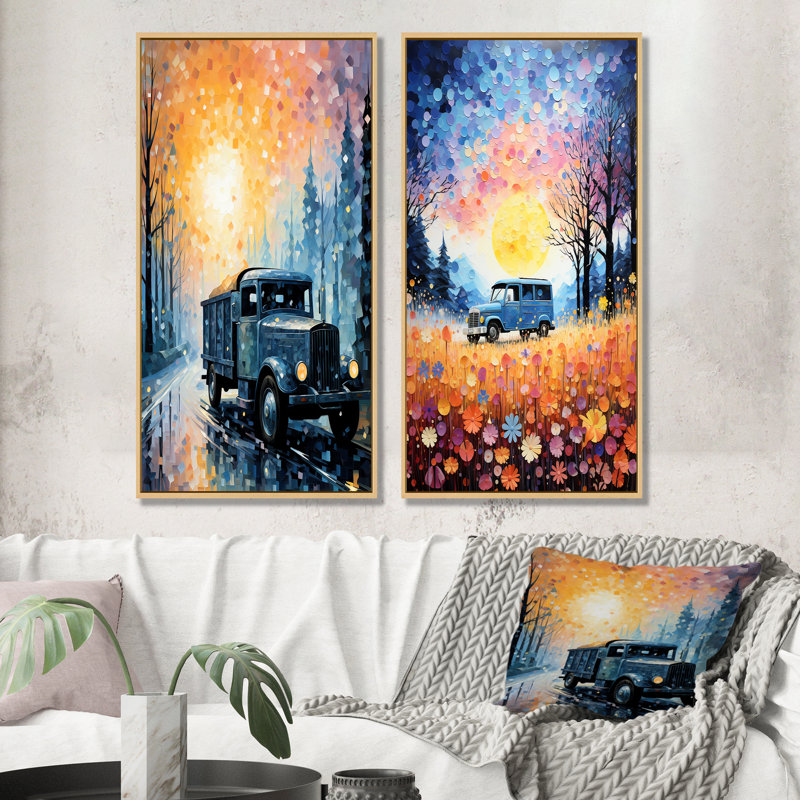 «Dreamy postal camion voyage», ensemble d'art mural sur toile camion, Cadre flottant brun, H 32 po x l 33 po